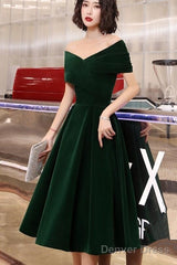 Green Velvet Off Shoulder Vintage Style Bridesmaid Dress, Tea Length Party Dress