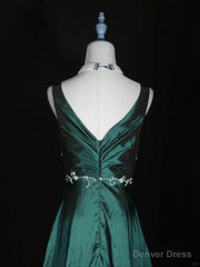 Green Vintage Style Taffeta with Lace Prom Dress, Green Long Party Dress