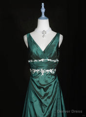 Green Vintage Style Taffeta with Lace Prom Dress, Green Long Party Dress