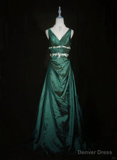 Green Vintage Style Taffeta with Lace Prom Dress, Green Long Party Dress