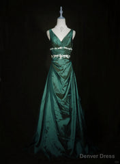 Green Vintage Style Taffeta with Lace Prom Dress, Green Long Party Dress