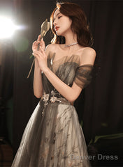 Grey A-Line Floral Tulle Off Shoulder Long Party Dress, Grey Floor Length Prom Dress