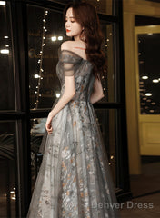 Grey A-Line Floral Tulle Off Shoulder Long Party Dress, Grey Floor Length Prom Dress