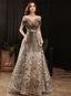 Grey A-Line Floral Tulle Off Shoulder Long Party Dress, Grey Floor Length Prom Dress