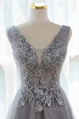 Grey A-Line Tulle With Lace Long Formal Dresses V-Neckline Prom Dresses Sleeveless December Wedding Guest Dresses