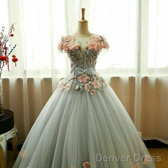Grey Ball Gown 3D Flowers Princess Party Gown, Sweet 16 Formal Prom Dress