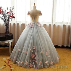 Grey Ball Gown 3D Flowers Princess Party Gown, Sweet 16 Formal Prom Dress