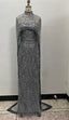 Grey Beading Prom Dress Sweep Train High Neck Zipper Sleeveless Prom Dresses