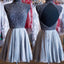 Grey beads sparkly high neck open back vintage elegant homecoming prom dress