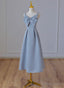 Grey Blue Tea Length Satin Straps Formal Dress, A-line Wedding Party Dress