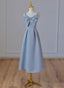 Grey Blue Tea Length Satin Straps Prom Dress, A Line Wedding Prom Dresses