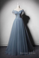 Grey-Blue Tulle Off Shoulder Beaded Long Prom Dresses Party Dresses, Long Evening Gowns