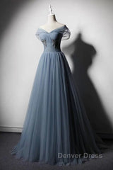 Grey-Blue Tulle Off Shoulder Beaded Long Prom Dresses Party Dresses, Long Evening Gowns