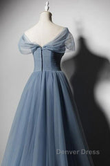 Grey-Blue Tulle Off Shoulder Beaded Long Prom Dresses Party Dresses, Long Evening Gowns