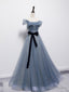 Grey Blue Tulle Off Shoulder Long Prom Dress with Bow, A Line Floor Length Prom Dresses
