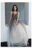 Grey Gradient Tulle V-Neckline Backless Sexy Prom Dress, Long Prom Dress
