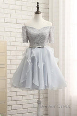 Grey Lace And Organza Homecoming Dresses, Lovely Homecoming Dresses , Short Prom Dresses