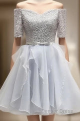 Grey Lace And Organza Homecoming Dresses, Lovely Homecoming Dresses , Short Prom Dresses