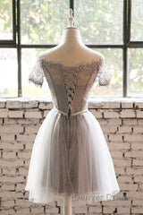Grey Lace Tulle Short Sleeves Homecoming Dresses Party Dresses, Light Grey Formal Dresses