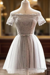 Grey Lace Tulle Short Sleeves Homecoming Dresses Party Dresses, Light Grey Formal Dresses