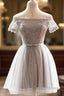 Grey Lace Tulle Short Sleeves Homecoming Dress Prom Dress, Light Grey Prom Dresses