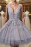 Grey Lace up Tulle Short Homecoming Dresses with Lace Appliques