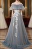 Grey Off Shoulder Straps Tulle With Lace Long Prom Dress, Grey Prom Dresses