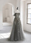 Grey Off Shoulder Tulle with Lace Applique Long Prom Dress,Grey Prom Dresses