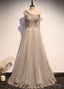 Grey One Shoulder Pearls Tulle Long Prom Dress, Light Grey Prom Dress