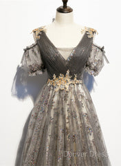 Grey Purple V-Neckline Tulle With Lace Prom Dresses, Off Shoulder A-Line Party Dresses