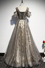 Grey Purple V-Neckline Tulle With Lace Prom Dresses, Off Shoulder A-Line Party Dresses