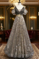 Grey Purple V-Neckline Tulle With Lace Prom Dresses, Off Shoulder A-Line Party Dresses