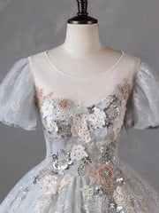 Grey Short Sleeves Tulle Ball Gown Prom Dresses, Grey Ball Gown Sweet 16 Dresses