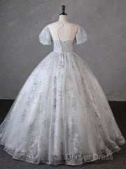 Grey Short Sleeves Tulle Ball Gown Prom Dresses, Grey Ball Gown Sweet 16 Dresses