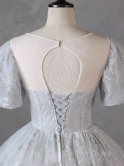 Grey Short Sleeves Tulle Ball Gown Prom Dresses, Grey Ball Gown Sweet 16 Dresses