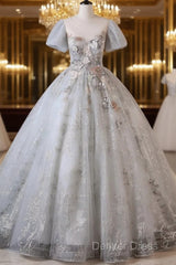 Grey Short Sleeves Tulle Ball Gown Prom Dresses, Grey Ball Gown Sweet 16 Dresses
