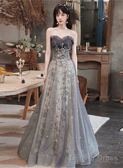 Grey Sweetheart A-Line Tulle With Lace Applique Party Dress, Grey Long Formal Dress