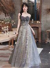 Grey Sweetheart A-Line Tulle With Lace Applique Party Dress, Grey Long Formal Dress