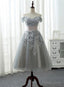 Grey Tea Length Prom Dress with Lace, Grey Bridesmaid Dresses