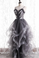 Grey Tulle Sweetheart Long Party Dresses With Lace Applique, Grey Long Prom Dresses