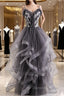 Grey Tulle Sweetheart Long Party Dresses With Lace Applique, Grey Long Prom Dresses