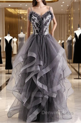 Grey Tulle Sweetheart Long Party Dresses With Lace Applique, Grey Long Prom Dresses