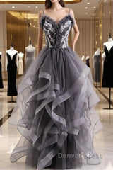 Grey Tulle Sweetheart Long Party Dresses With Lace Applique, Grey Long Prom Dresses