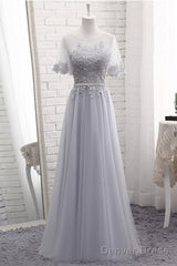 Grey Tulle With Lovely Lace Applique Wedding Party Dress, Grey Tulle A-Line Prom Dress Formal Dress