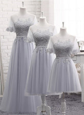 Grey Tulle With Lovely Lace Applique Wedding Party Dress, Grey Tulle A-Line Prom Dress Formal Dress