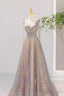 Grey V Neck Sequins Long Prom Dress, Grey Tulle Prom Dresses