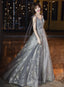 Grey V-Neckline Tulle Beaded Waist Long Prom Dress, A-Line Grey Prom Dresses
