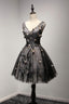 V Neck Short Black Lace Homecoming Prom Dresses, Short Party Prom Dresses