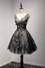 V Neck Short Black Lace Homecoming Prom Dress, Short Prom Dresses
