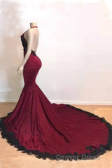 Burgundy Halter Deep V Neck Mermaid Prom Dresses with Lace, Long Evening Gown